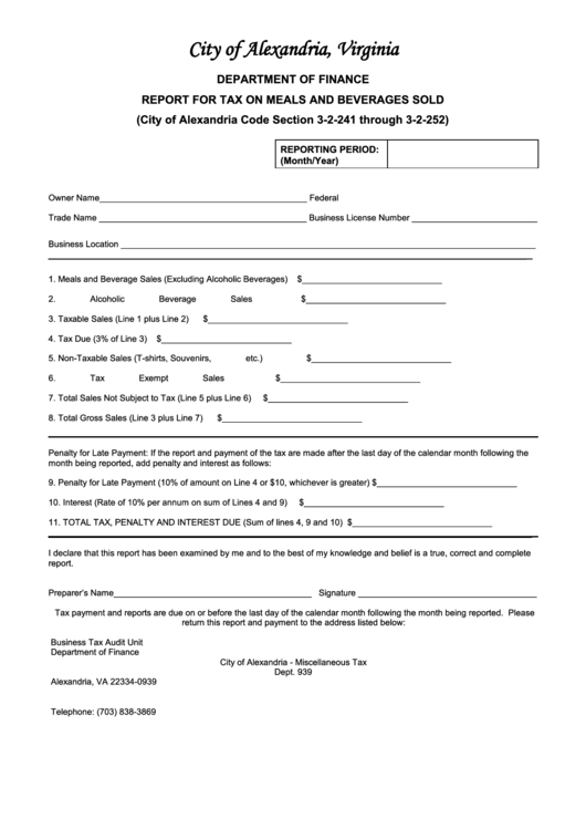 Fillable Report For Tax On Meals And Beverages Sold (City Of Alexandria