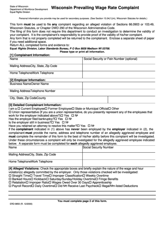 Form Erd9850 Wisconsin Prevailing Wage Rate Complaint State Of