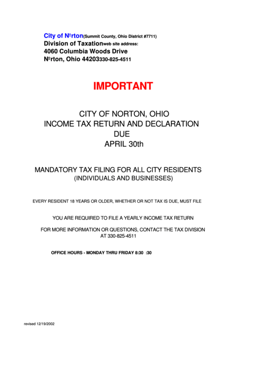Fillable City Of Norton, Ohio Tax Return And Declaration Form