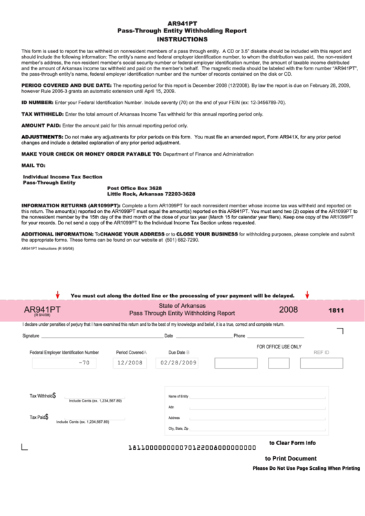 Fillable Form Ar941pt Pstate Of Arkansas Pass Through Entity
