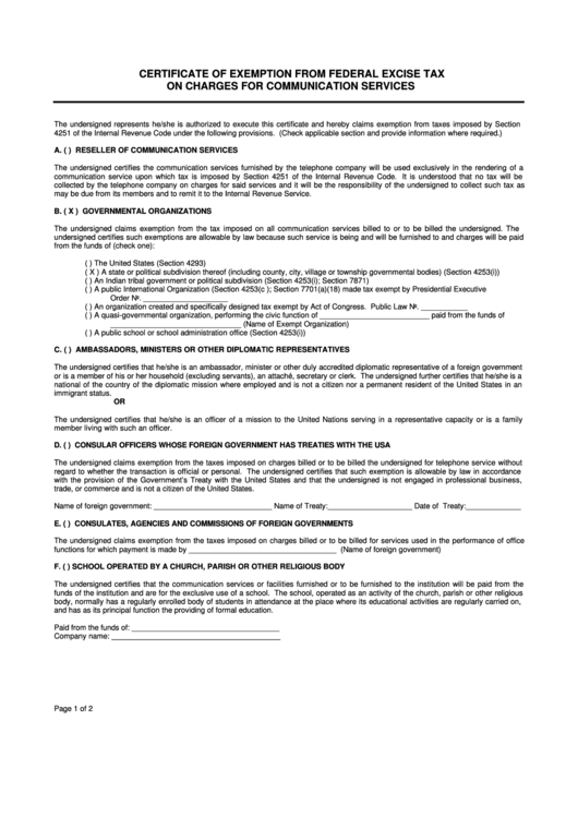 Certificate Of Exemption From Federal Excise Tax On Charges For
