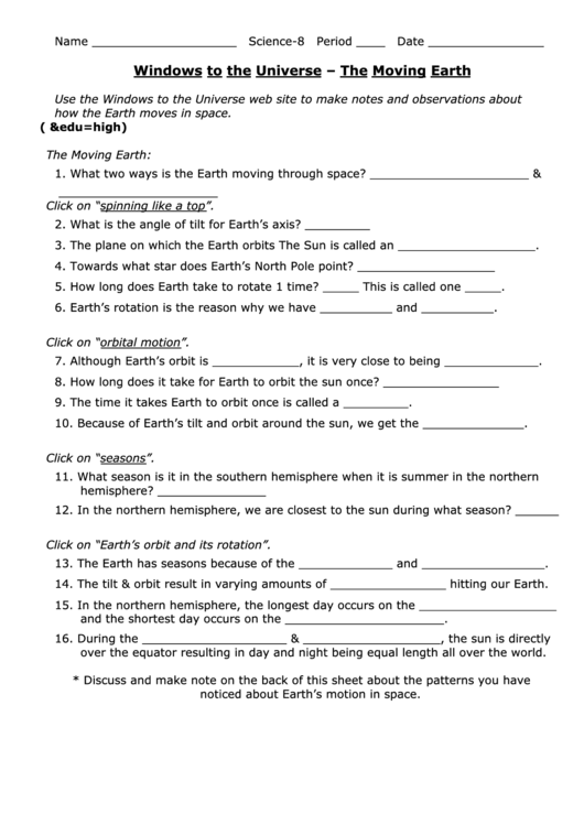 The Moving Earth Astronomy Worksheet printable pdf download