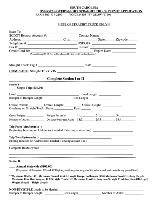 Oversize/overweight Straight Truck Permit Application Form printable