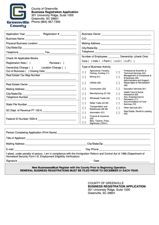Fillable Business Registration Application Form County Of Greenville