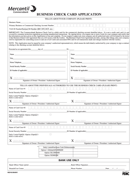 Fillable Form McbO138 Business Check Card Application printable pdf