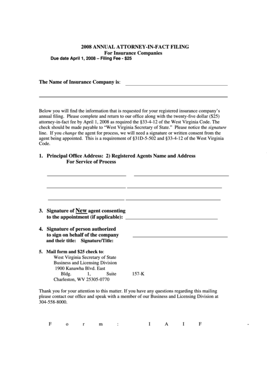 Fillable Form Iaif 2008 Annual AttorneyInFact Filing For Insurance Companies West Virginia