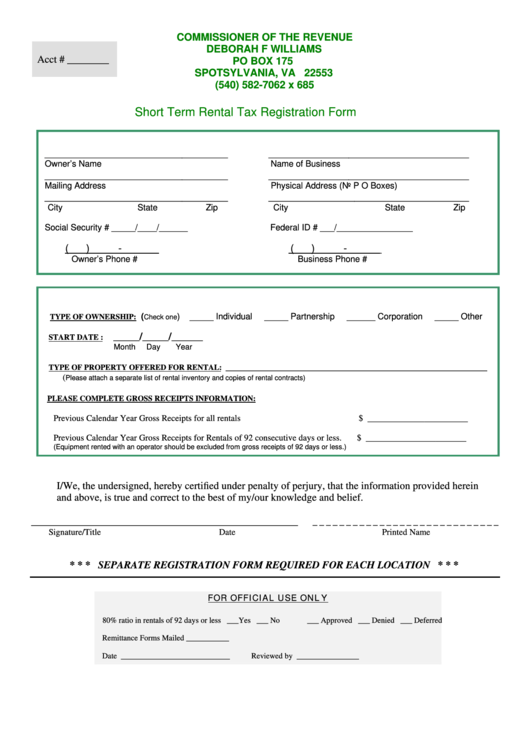 Short Term Rental Tax Registration Form Spotsylvania printable pdf