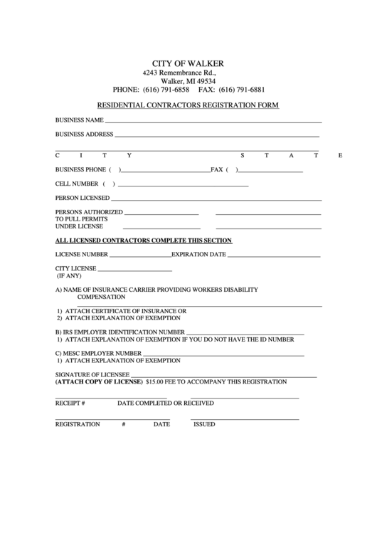 Fillable Residential Contractors Registration Form City Of Walker