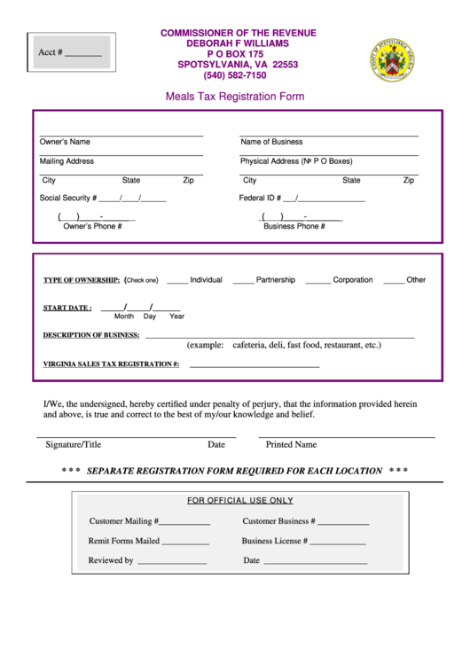 Meals Tax Registration Form Spotsylvania printable pdf download