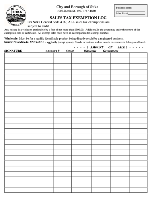 Sales Tax Exemption Log Template City And Borough Of Sitka printable