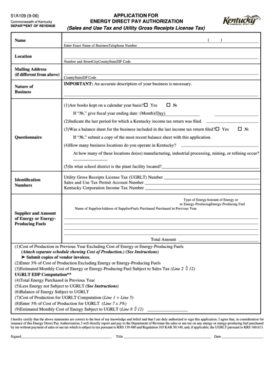 Form 51a109 Application For Energy Direct Pay Authorization printable