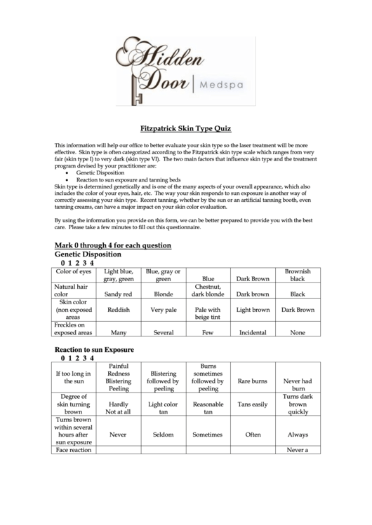 Fitzpatrick Skin Type Quiz Template printable pdf download