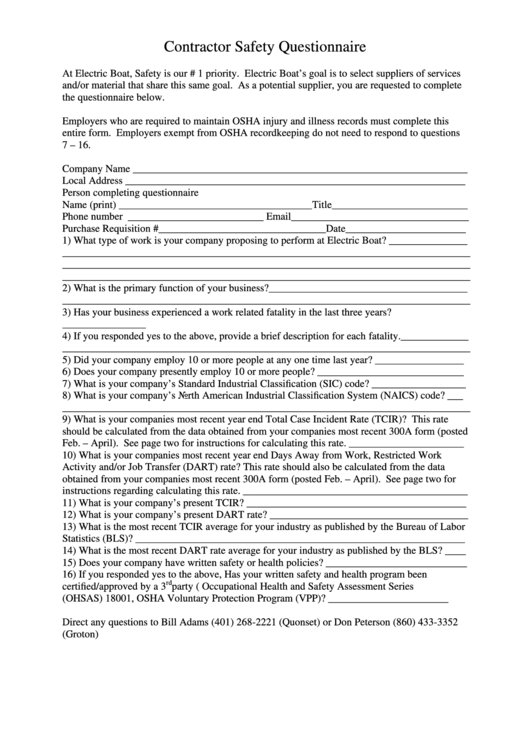 Contractor Safety Questionnaire Form printable pdf download