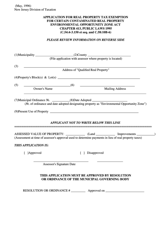Fillable Form E.o.z. 1 Application For Real Property Tax Exemption