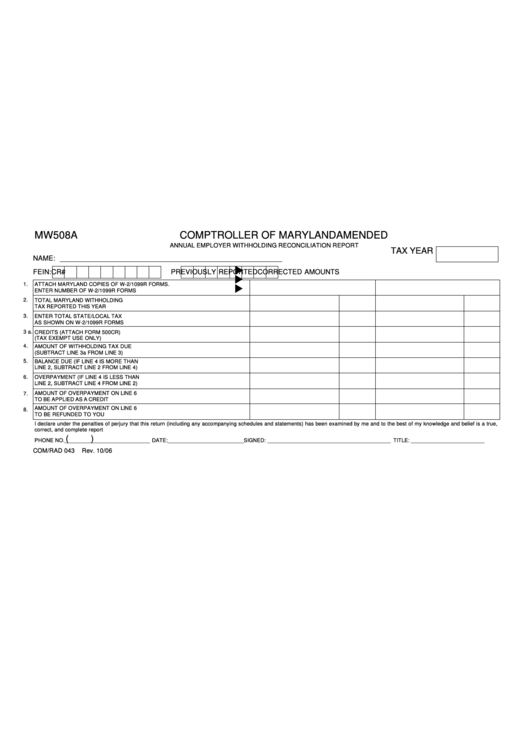 Form Mw508a Annual Employer Withholding Reconciliation Report Form