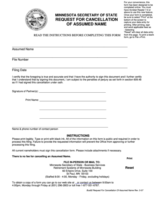 Fillable Request For Cancellation Of Assumed Name Minnesota Secretary