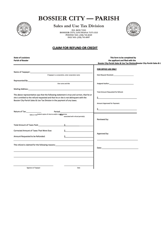 Claim For Refund Or Credit Form Bossier City printable pdf download