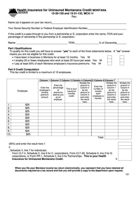 Fillable Montana Form Hi 2006 Health Insurance For Uninsured Montana