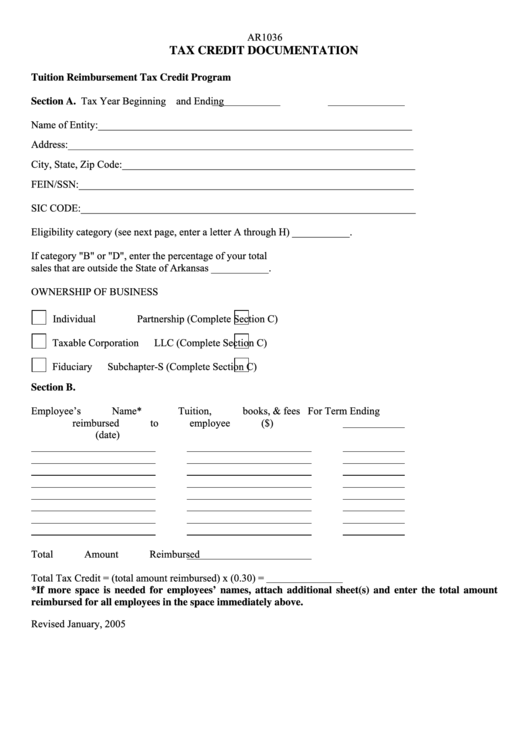 Ar1036 Tuition Reimbursement Tax Credit Program Form printable pdf download