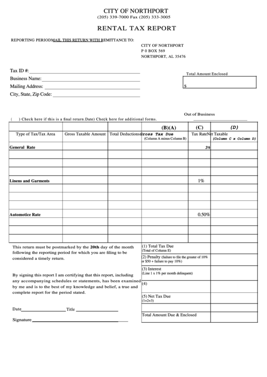 Fillable Rental Tax Report Form City Of Northport printable pdf download