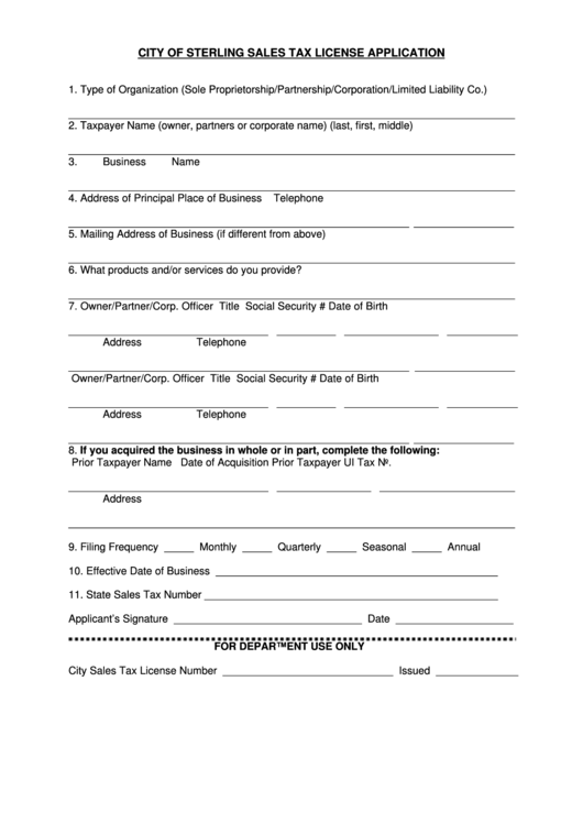 City Of Sterling Sales Tax License Application Form printable pdf download