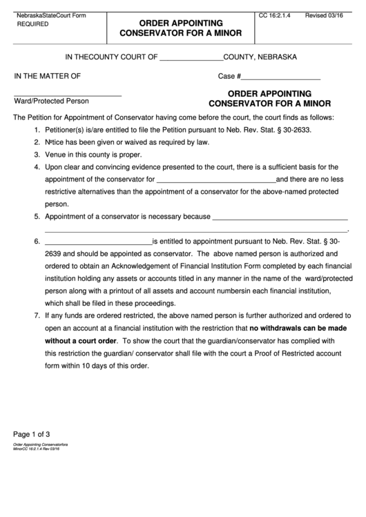 Fillable Order Appointing Conservator For A Minor Nebraska State