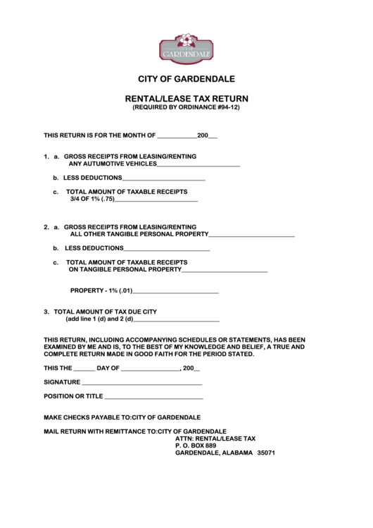 Rental/lease Tax Return Form City Of Gardendale printable pdf download