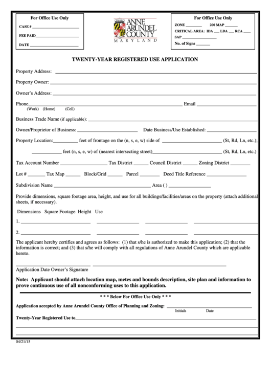 TwentyYear Registered Use Application Form Anne Arundel
