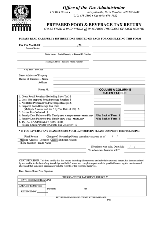 Prepared Food & Beverage Tax Return Form Office Of The Tax