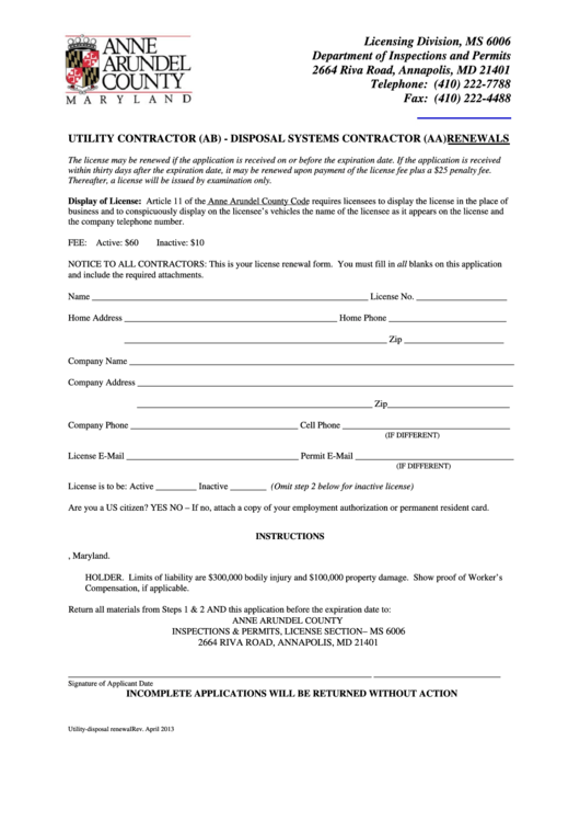 Fillable Utility & Disposal Systems Contractors License Renewal Application Form Anne Arundel