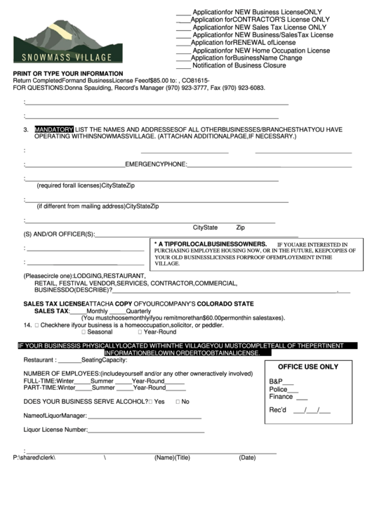 Business License Application Form Snowmass Village printable pdf download
