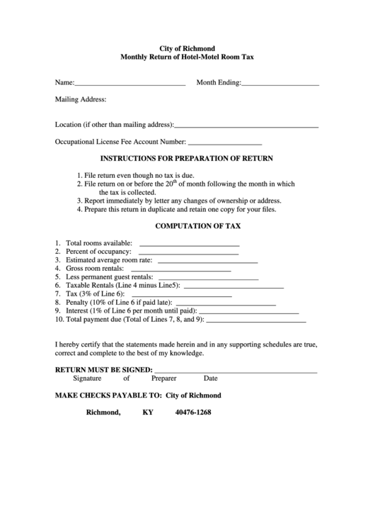 Fillable Monthly Return Of HotelMotel Room Tax Form City Of Richmond