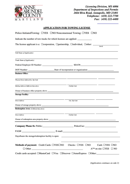 Fillable Towing License Application Form Department Of Inspections