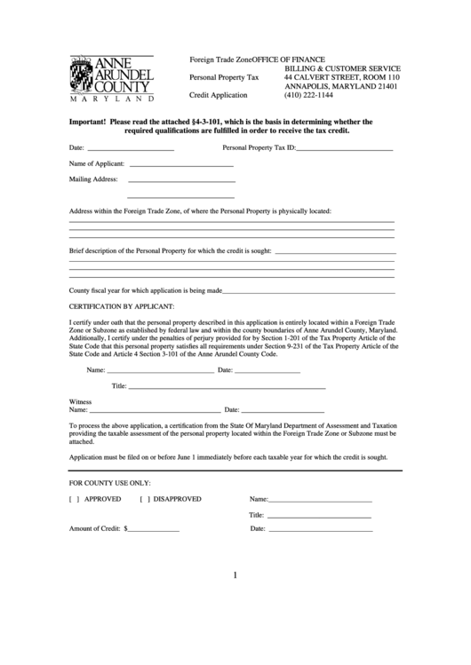 Foreign Trade Zone Personal Property Tax Credit Application Form