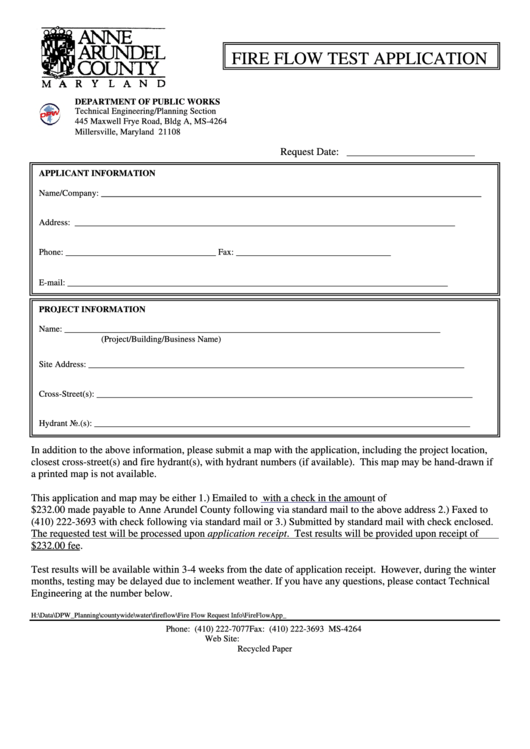Fillable Fire Flow Test Application Form Anne Arundel County Maryland