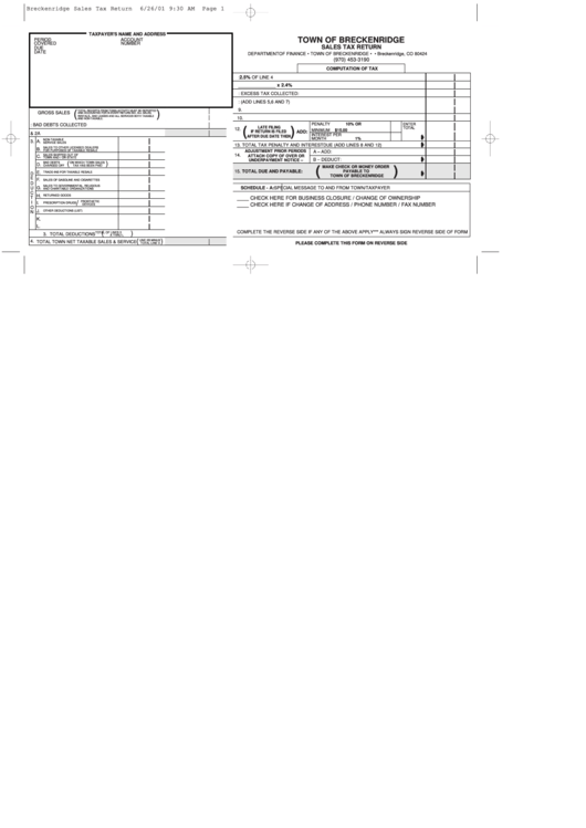 Sales Tax Return Form Department Of Finance, Town Of Breckenridge