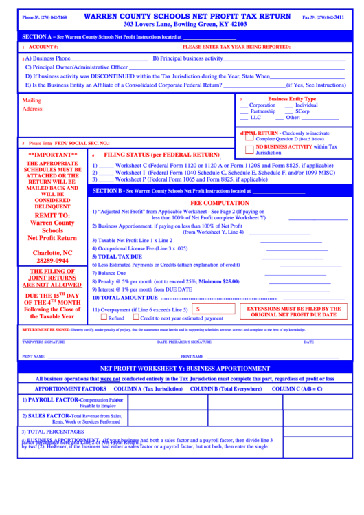 Schools Net Profit Tax Return Form Warren County printable pdf download
