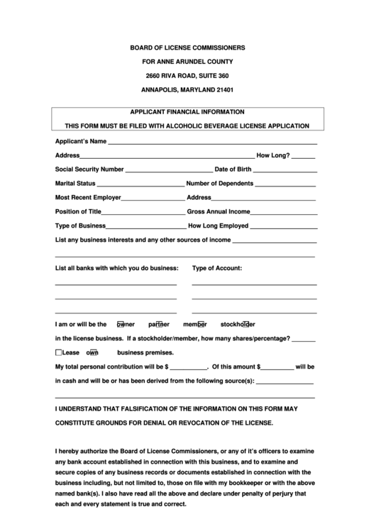 Fillable Applicant Financial Form Board Of License Commissioners, Anne Arundel County Maryland