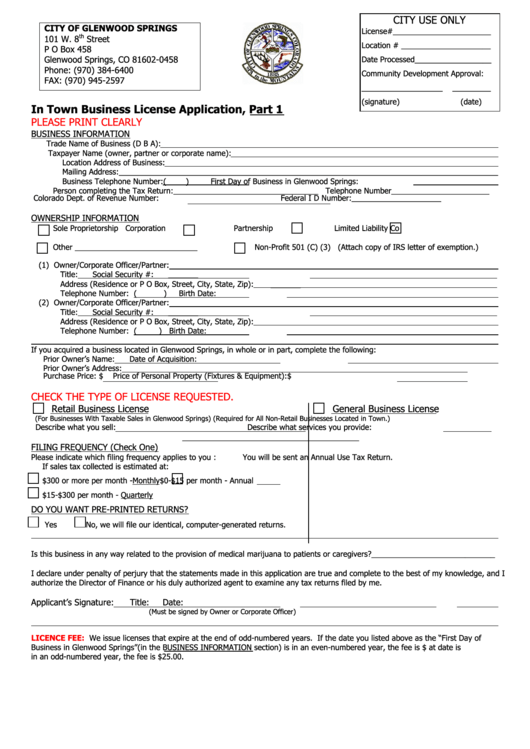 In Town Business License Application Form City Of Glenwood Springs