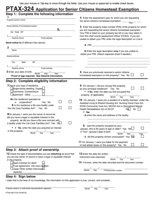 Fillable Form Ptax324 Application For Senior Citizens Homestead