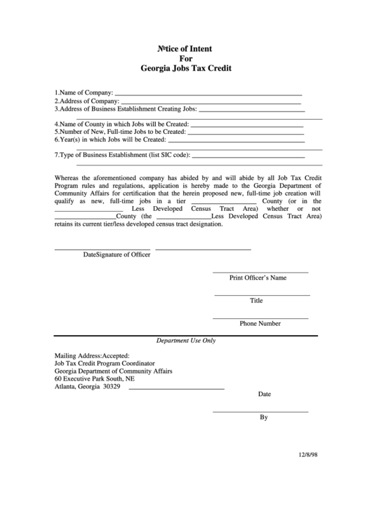 Notice Of Intent For Jobs Tax Credit Form printable pdf download