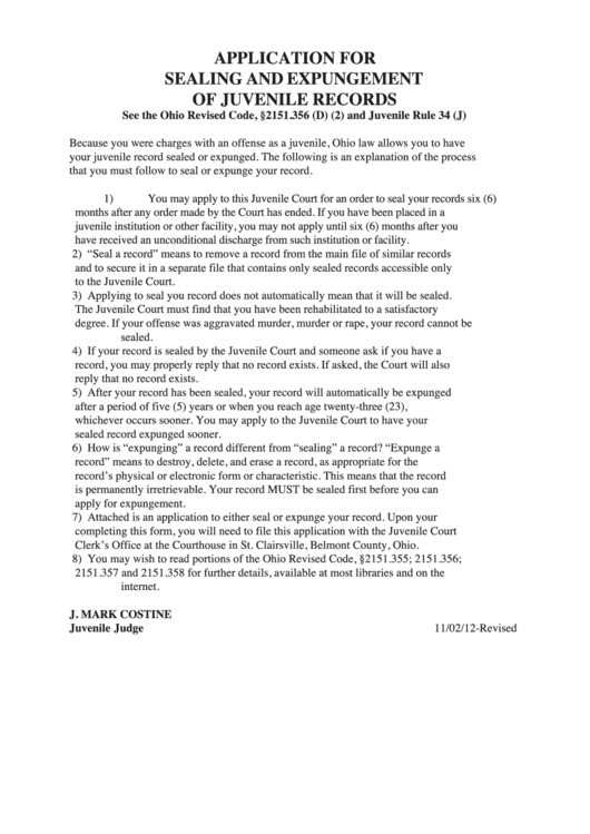 Application For Sealing And Expungement Of Juvenile Records Belmont County Court Of Commom