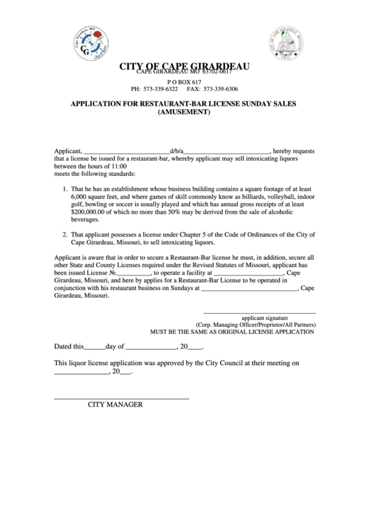 Application For RestaurantBar License Sunday Sales (Amusement) Form