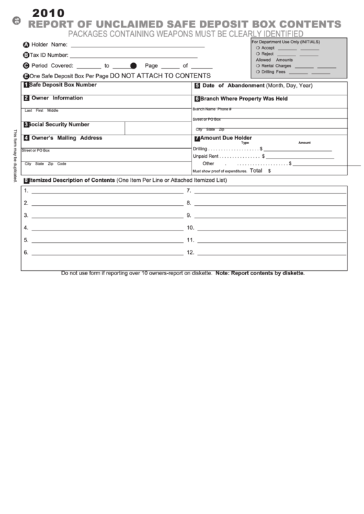 Report Of Unclaimed Safe Deposit Box Contents 2010 printable pdf download