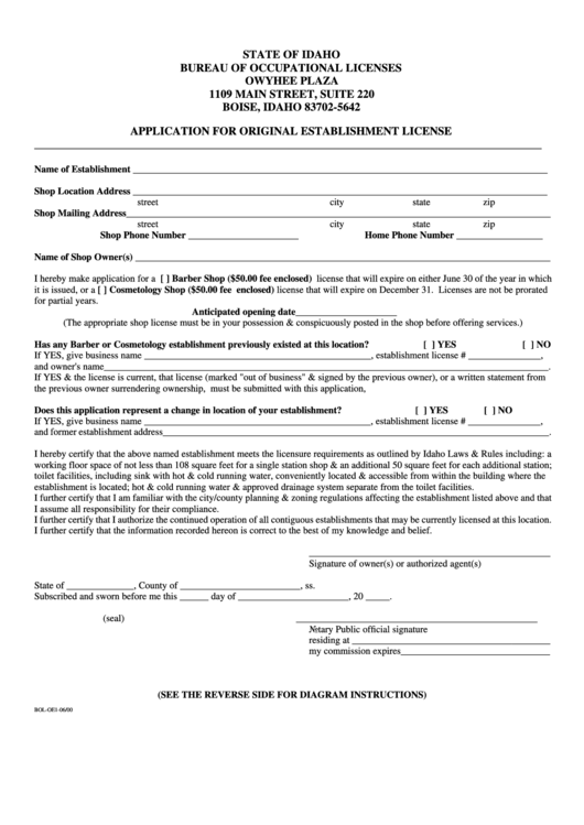 Application For Original Establishment License Form Idaho Bureau Of Occupational Licenses