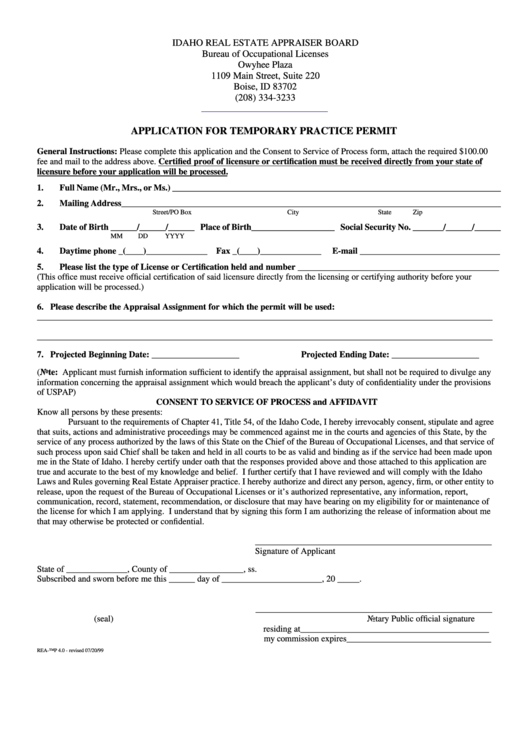 Application For Temporary Practice Permit Form Idaho Bureau Of