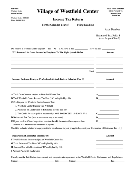 Tax Return Form Village Of Westfield Center printable pdf download