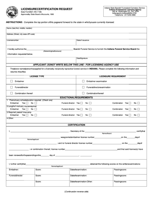 Fillable Form 8521 Licensure Certification Request Indiana Professional Licensing Agency