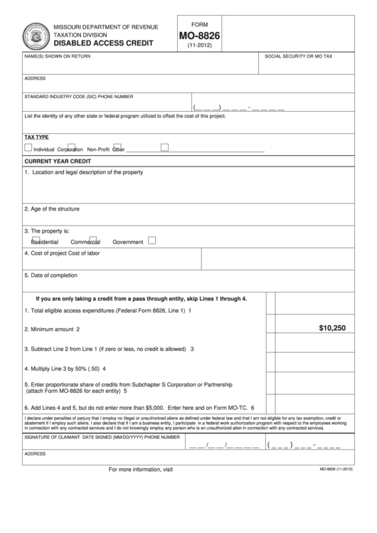 Fillable Form Mo8826 Disabled Access Credit 2012 printable pdf