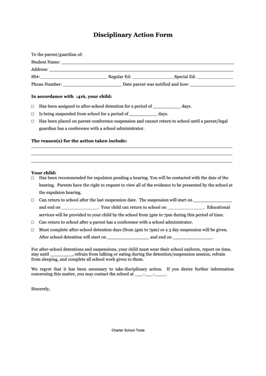 Fillable Disciplinary Action Form printable pdf download